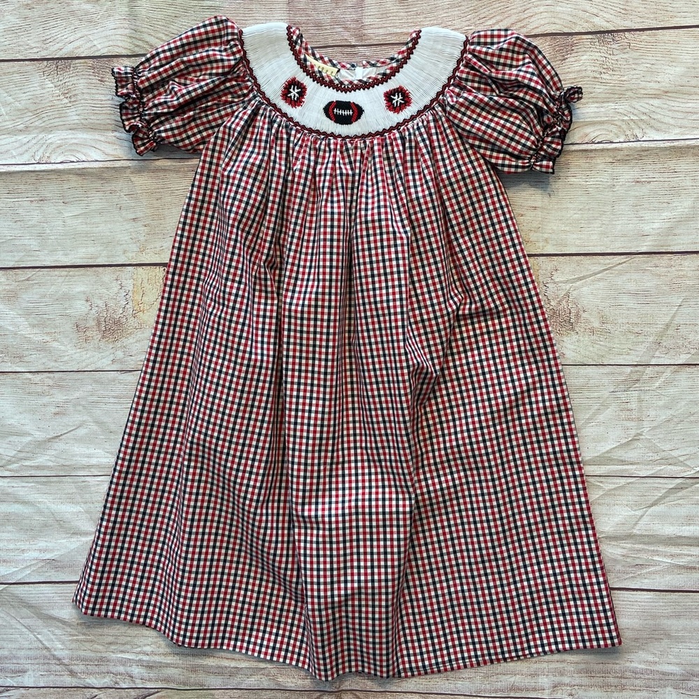 Le Za Me smocked dress size 4T football appliqué red and black